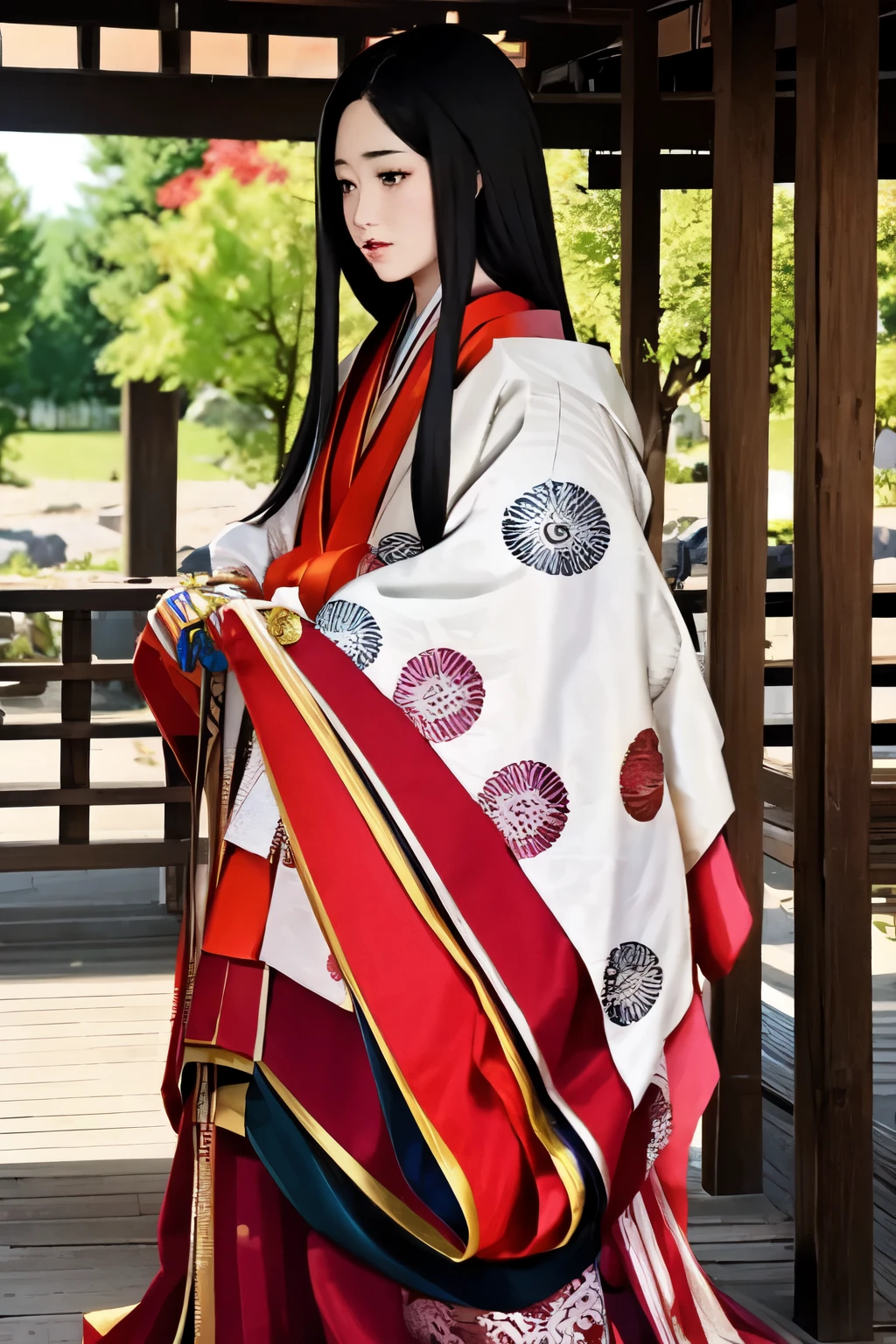 (masterpiece, best quality:1.2), 1girl, juni-hitoe, solo, very long black hair, wine red karaginu, purple-red hakama, holding open hiogi,