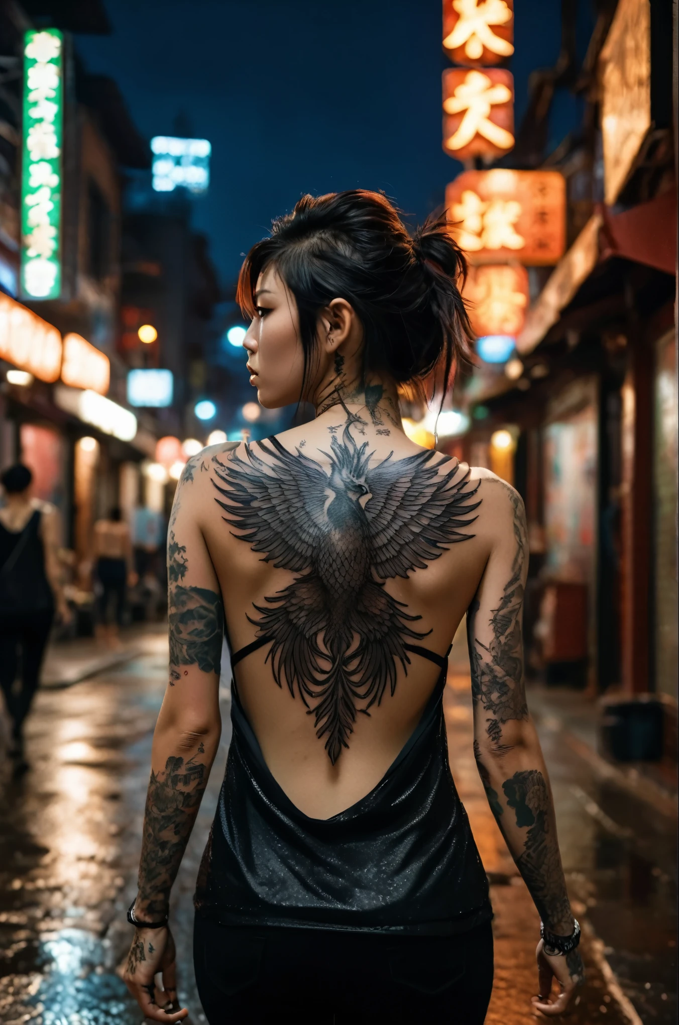 Dynamic poses, Girl with Phoenix Tattoo, Rainy city streets at night, black eyeliner, Black Sleeveless Muscle Shirt, From the back, (Big dragon tattoo on back:1.3), China Town, Delicate skin, delicate eyes, Reality, Dramatic Lighting, RAW photos, 4k, Clear focus, high resolution, 8K Ultra HD, high quality, Film Grain, Fuji XT3  