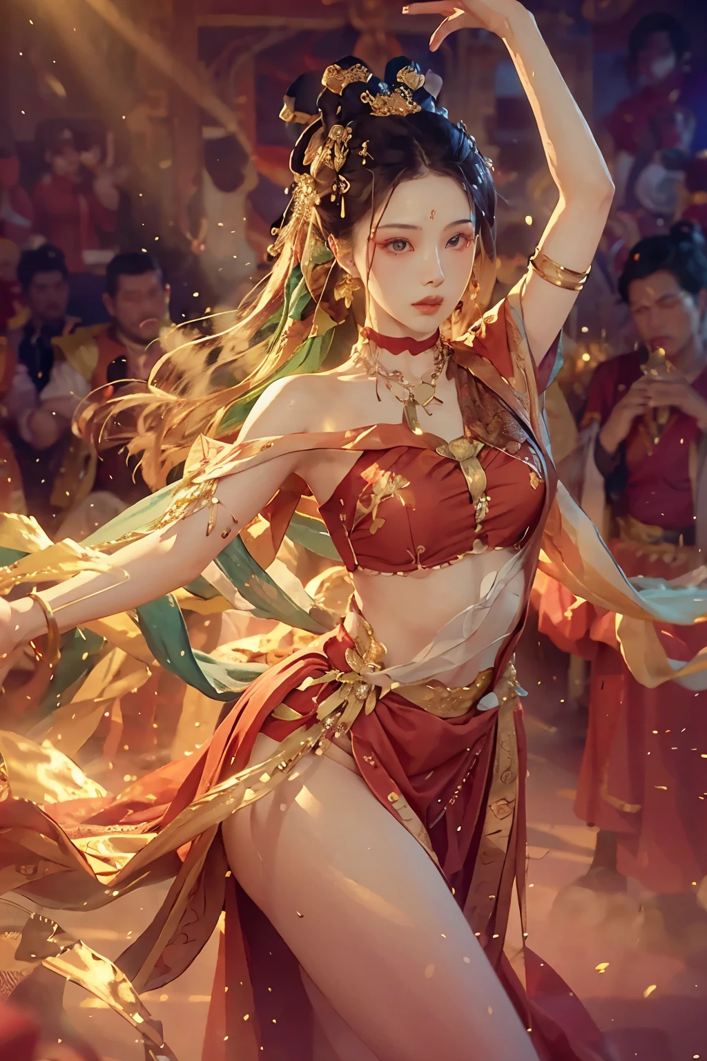 (RAW photos, best quality), (Practical, photo-Practical:1.3),best quality,Very detailed,masterpiece,Extremely detailed,illustration,1 Girl,Dancing moves,Red and gold clothes,Waist,best quality,Extremely detailed CG unity 8k wallpaper,ink,Astonishing,movie lighting,lens_Flare,,Dunhuang_style