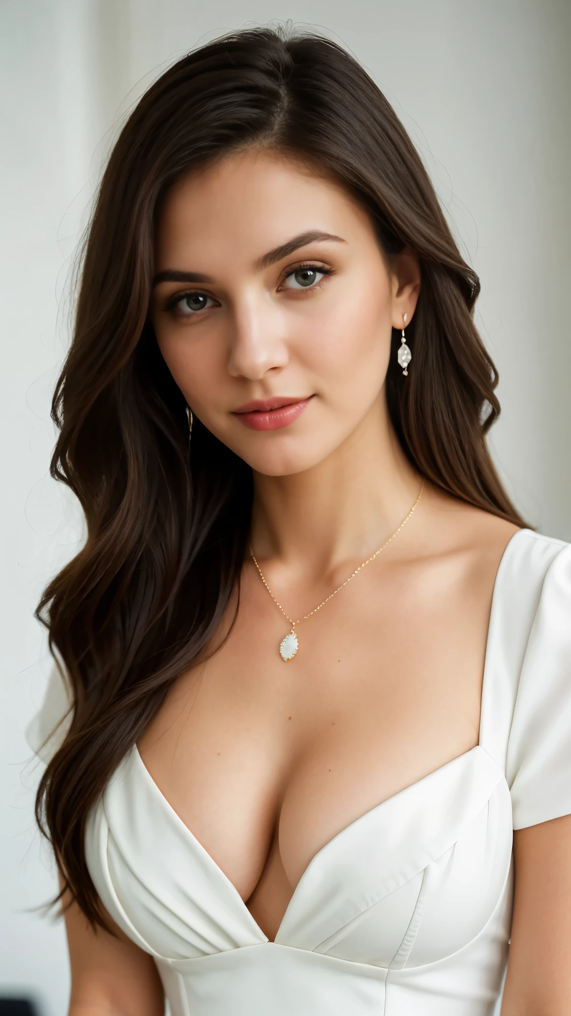 solid color backdrop,closeup ,Bust photo,White elegant clothing,long whitr hair、Capable women in the workplace,Jewelry model,European and American style,high-definition picture quality,Best quality 8K