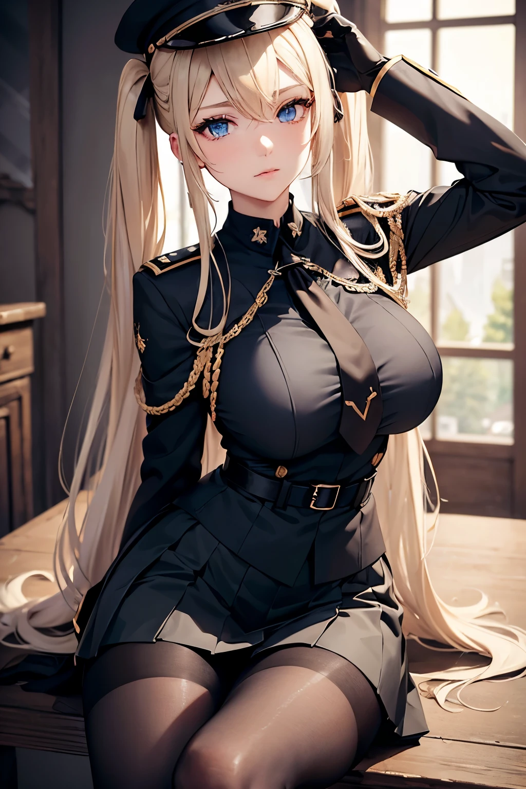 ((mysterious mountain path)), (finely detailed eyes and detailed face:1.3), (extremely fine and beautiful:1.1), (Perfect details:1.1), ((gros seins)), ((jambes grasses)), Graf Zeppelin, Azur Lane, blonde_hair,twintails,long_hair,sidelocks,hair_between_eyes,capelet,blue_eyes,peaked_cap,necktie,miniskirt,iron_cross,black_gloves,long_sleeves,military_uniform,military_hat, (black_pantyhose), pleated_skirt,grey_eyes,black_skirt, assise,