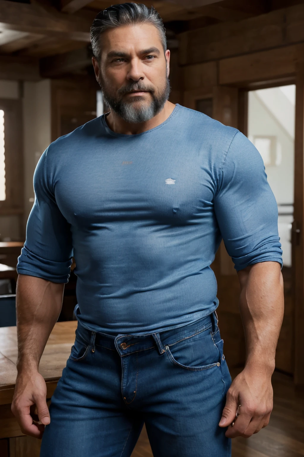 handsome mature man in his 50s,white man with a tanned complexion,(well-defined pecs and arm muscles),full body, facial hair styled into a neatly groomed beard,a captivating,beefy build that emanates strength and vitality. (((Full body))), (((blue jeans)))  beard, 
