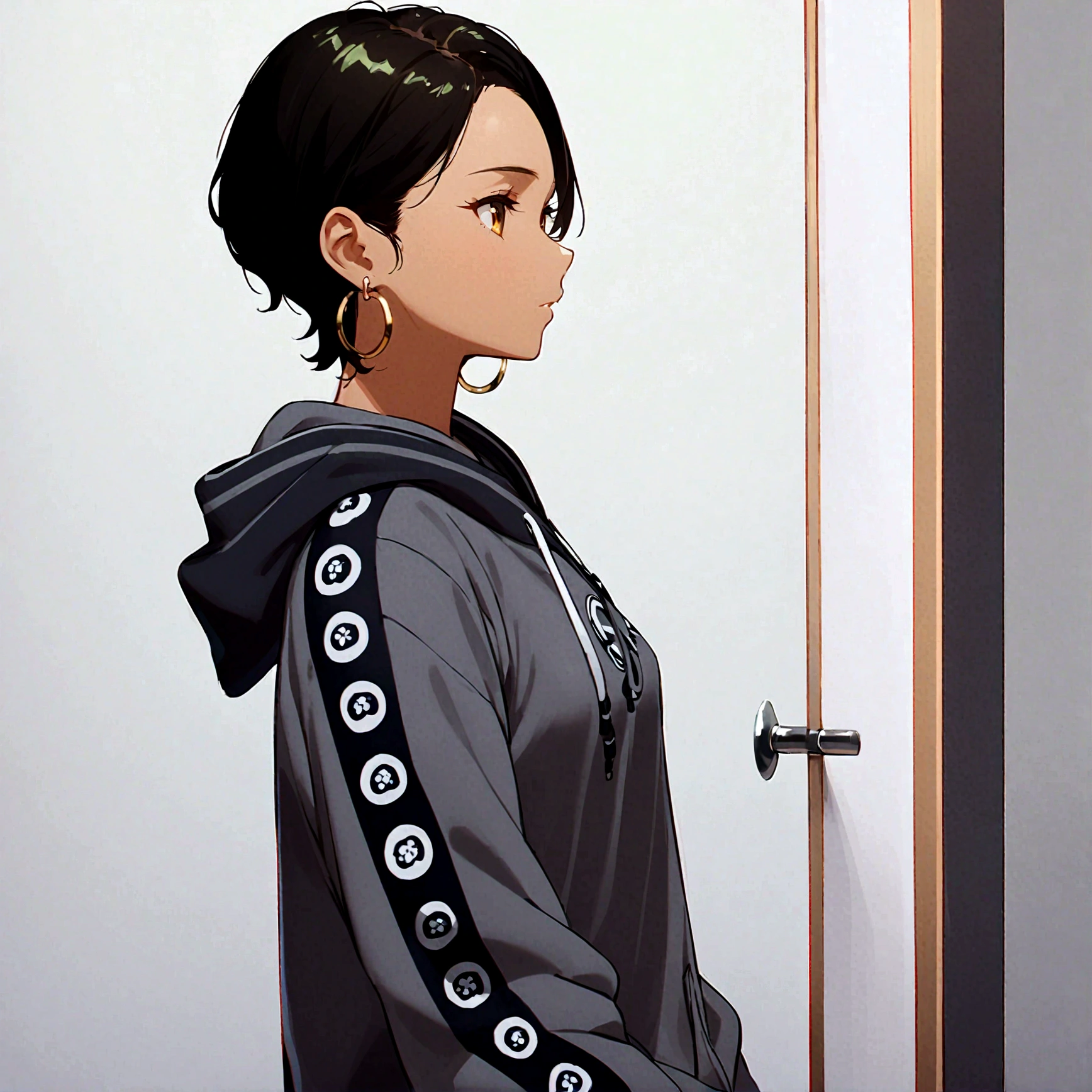 Beautiful. anime girl, short green hair, slightly curly hair, dark skin, yellow eyes, gray sweatshirt, hoop earrings, small breasts, upper body