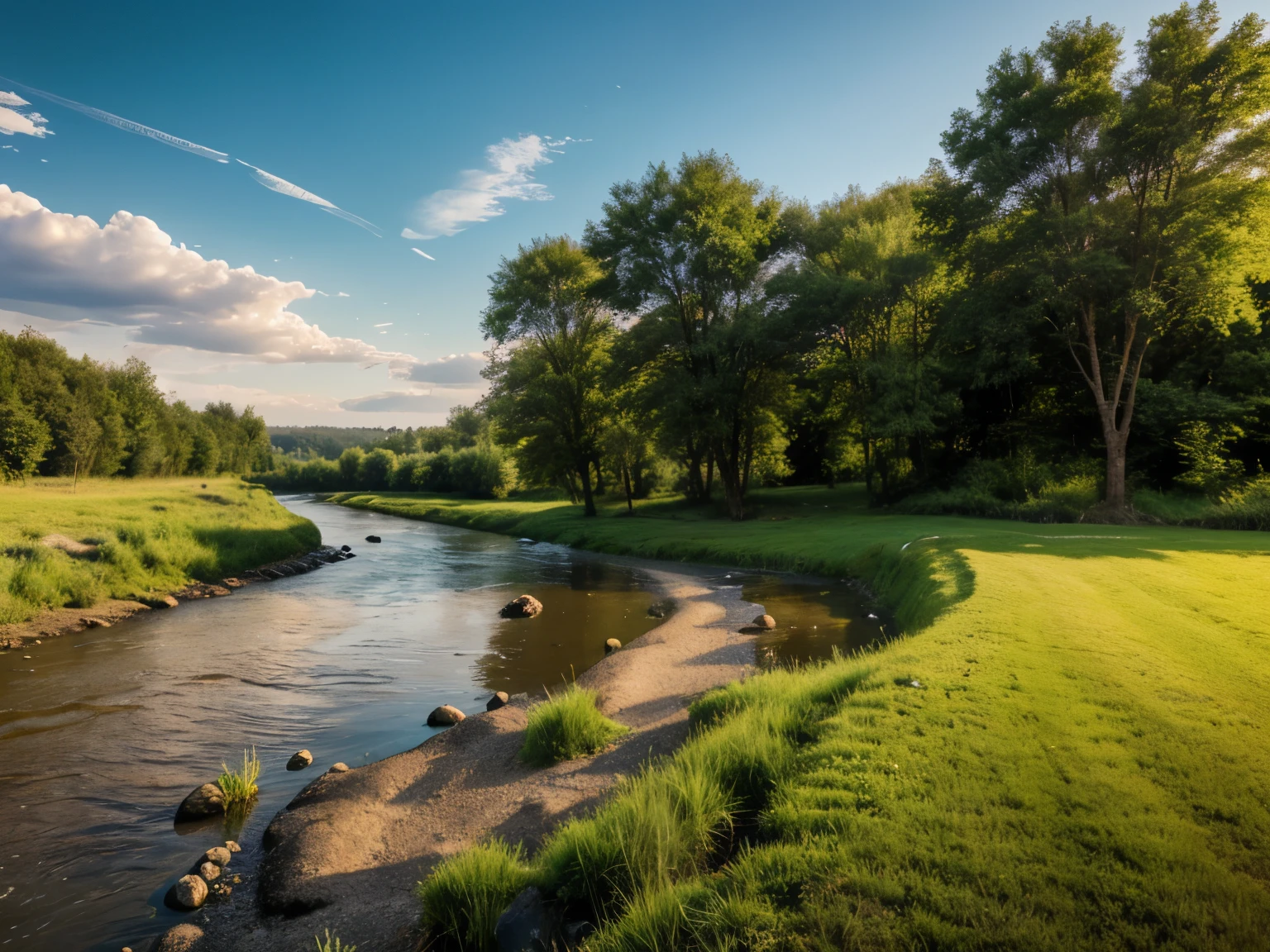A realistic landscape, clean, without garbage nor contamination, sunny, beautiful, peacfull, HDR, grass, country, river, professional photo, winning award photo