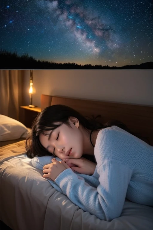 Starry Night、A quiet wind blows and my heart becomes calm、Forget about tomorrow for this moment、Until I fall asleep feeling the present、Let's stay like this