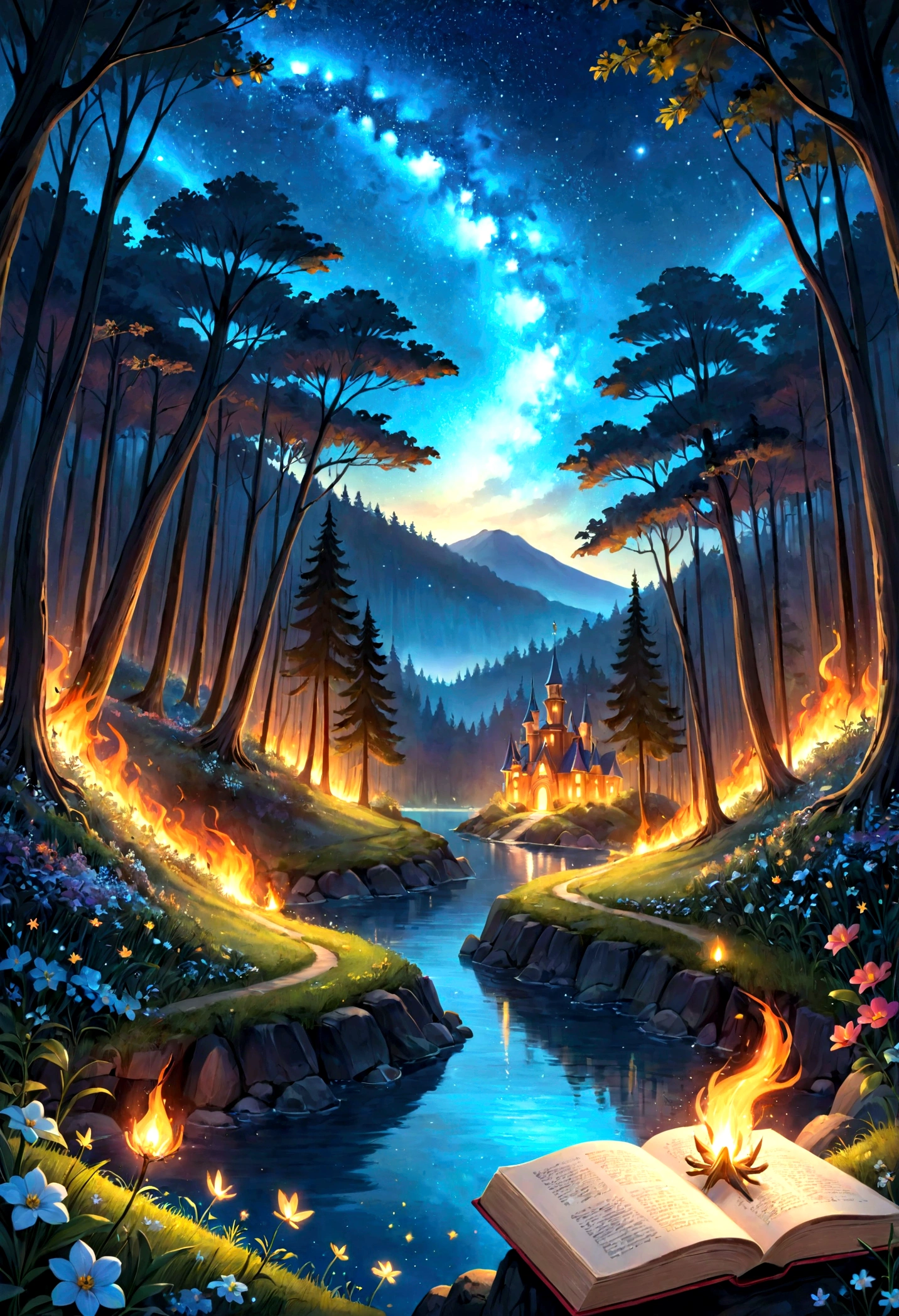 Children's book illustrations, fundo de Floresta noturna, Enchanted Forest, Starry Sky, Forest road, lagoon, Floresta, Flores, fire Fly, Fairy Tale Books.