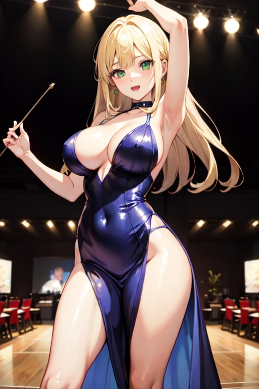 Create a 25-year-old anime girl with a blue gala dress, blonde hair and green eyes with large breasts and wide hips in a party room landscape.