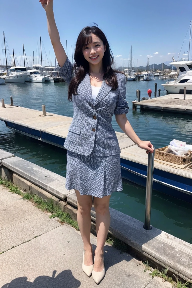 highest quality, Pieces fly, Realistic, High resolution, 8k RAW Photos,alone, One girl, 30 years old、Standing in the harbor、smile、With arms wide open、holding a fish in each hand、suit、High heels