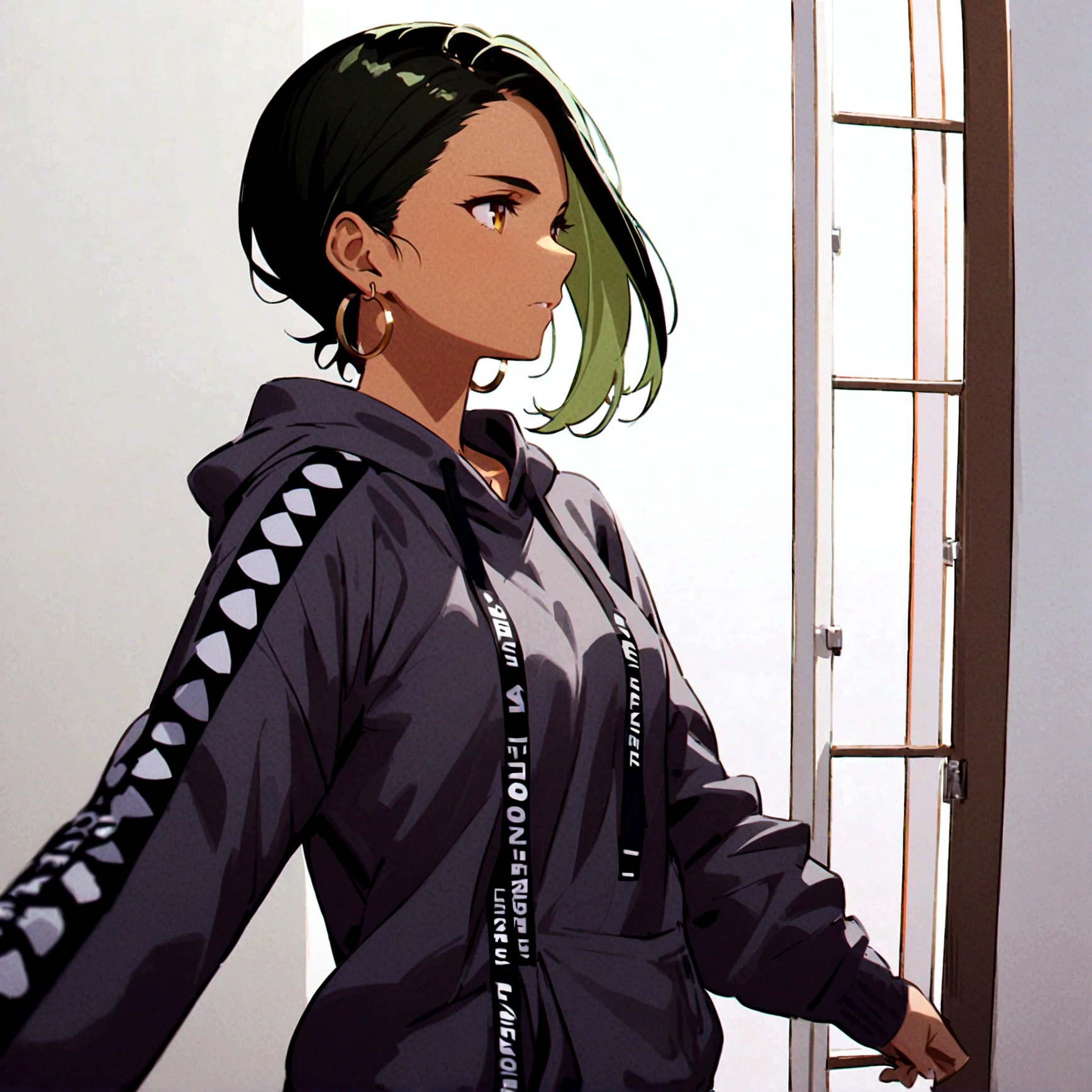 Beautiful. anime girl, short green hair, slightly curly hair, dark skin, yellow eyes, gray sweatshirt, hoop earrings, small breasts, upper body
