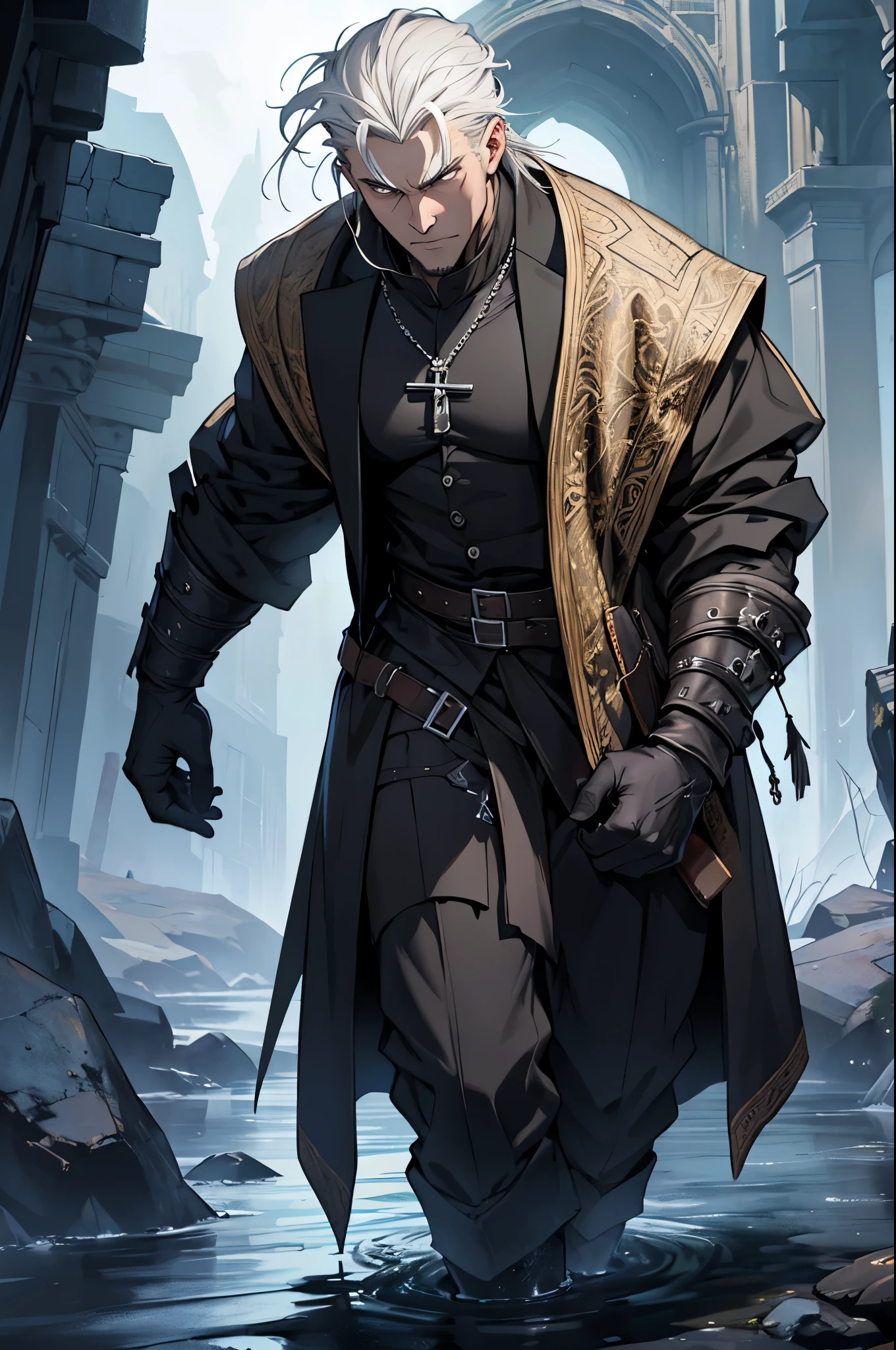 Create a high-fantasy character portrait of Viktor Dragovich (Charon), a key member of the Brotherhood of Shadows. He has a face marked by the harshness of his experiences, with wrinkles and scars that give him a severe and enigmatic appearance. His skin is pale, almost cerulean, as if death itself has left its mark on him. His steely gray eyes are cold and lifeless, seeming to see beyond this world. His penetrating gaze judges everyone he meets. His short, graying hair is slicked back in a functional and austere style, with a few dark strands reminding of his youth. Viktor is robust and muscular, with an imposing presence. He wears a long, dark coat, usually black or dark gray, reaching his knees, with functional and austere clothing underneath suitable for someone who spends time at the threshold between life and death. He wears heavy boots and black leather gloves. He carries an ancient medallion with the image of a boat and a river, symbolizing his role as the ferryman of souls. He is surrounded by a shadowy, ethereal aura with shifting shadows or a faint spectral glow, reflecting his connection with the underworld and his role as the guide of souls.
