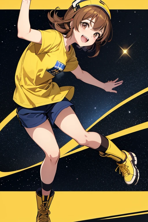 Anime drawings、Full body portrait、Space Sci-Fi Soldier、A female soldier, about 24 years old, about 160cm tall, running, wearing a yellow T-shirt and shorts、Laughing with mouth open、Wearing a yellow cap on his head、Short medium hairstyle、Brown Hair、Brown eyes、sports boots