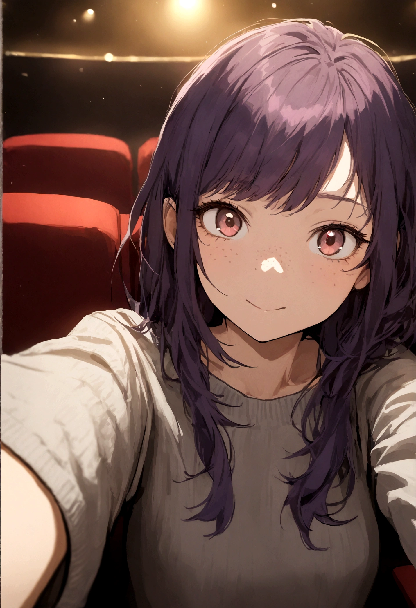 1girl, short purple hair, black roots, hazel eyes, freckles, small breasts, grey sweater, sitting, theatre, fake smile, tired eyes, taking a selfie, face shot, red seats, yellow lighting