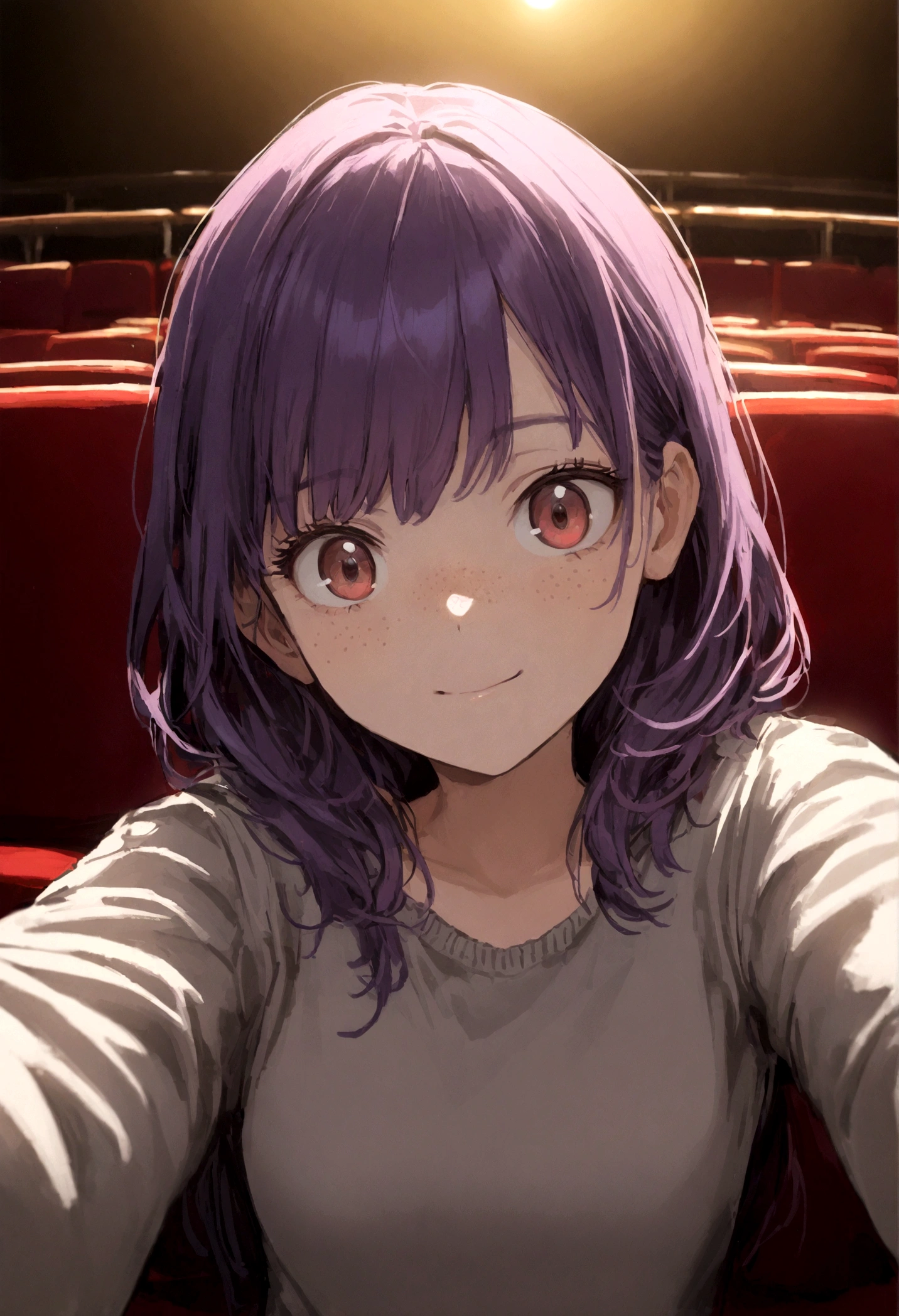 1girl, short purple hair, black roots, hazel eyes, freckles, small breasts, grey sweater, sitting, theatre, fake smile, tired eyes, taking a selfie, face shot, red seats, yellow lighting