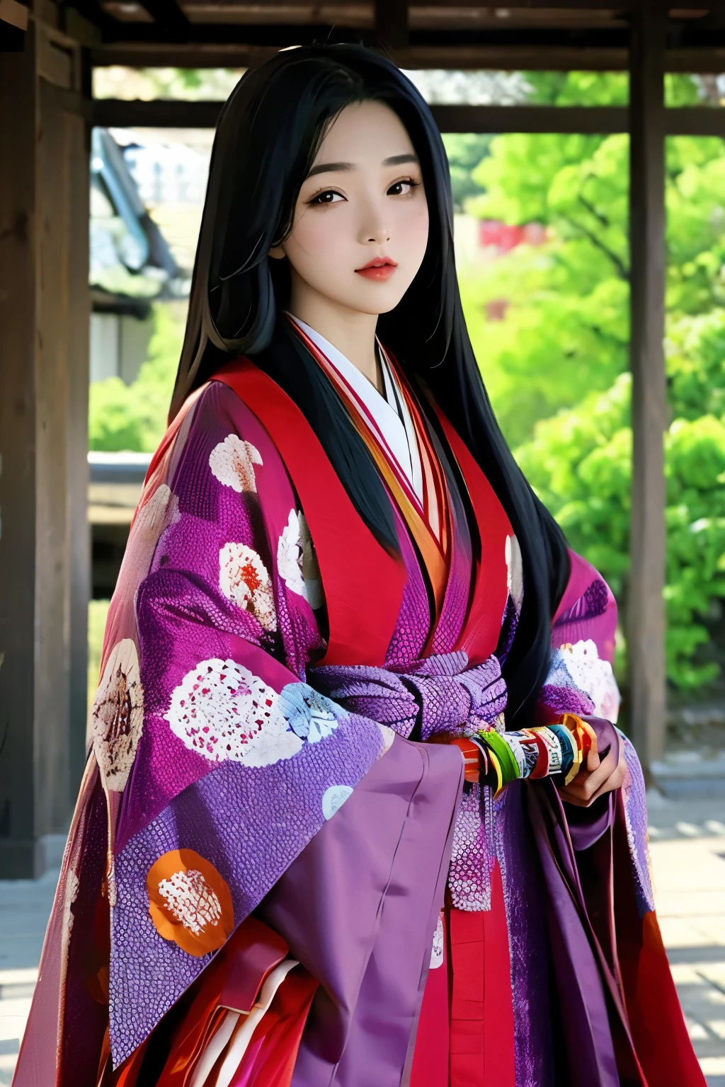 (masterpiece, best quality:1.2), 1girl, juni-hitoe, solo, very long black hair, purple-red karaginu, purple-red hakama, holding (open hiogi), blur the background, sodeguchi accurate depiction,