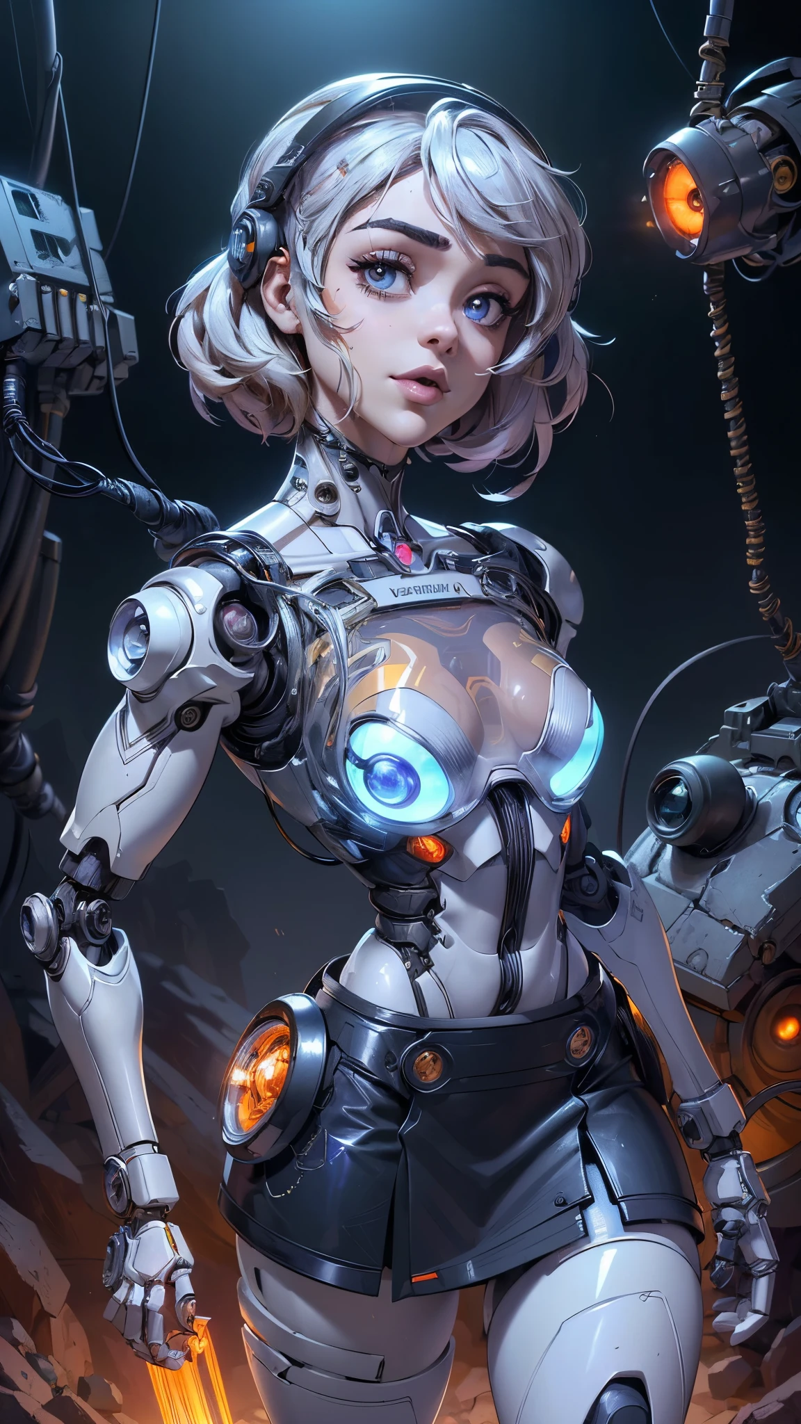 (La mejor calidad,A high resolution,Ultra - detallado,actual),sabrina carpenter cyborg, ( mini skirt cyborg orange :1.4), top corto white,(casco de astronaut cyborg :1.4) ,(Fondo de ruinas de mazmorra en ruinas cyberpunk :1.4 ), (Mechanical vertebrae attached to the back, mechanical cervical attachment to the neck, alambres y cables que se conectan a la cabeza, Evangelion, small bright LED lamps:1.4) , More detailed 8K.motor irreal:1.4,UHD,La mejor calidad:1.4, fotorrealista:1.4, textura de la piel:1.4, obra maestra:1.8,obra-prima, mejor calidad,objeto Objeto], (detailed face features:1.3),(Las proporciones correctas),(Ojos hermosos azules),  (pose vaquero),( sabrina carpenter:1.4), (sabrina carpenter V2.1),( perfect anatomy:1.4), (cyborg mechanical robot transparent plastic white:1.4), ,(Fondo de ruinas de mazmorra en ruinas piedras grandes caverna :1.4 ), (cinematic lighting :1.4), (fondo laboratorio robotic :1.4), (Cyborg inteligencia artificial :1.4),( face detailed :1.4), (tiene un casco de astronauta Cyborg :1.4) 
