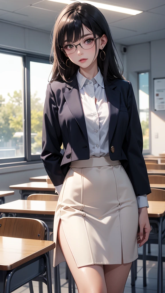 black hair, bangs, hair behind ear, very long hair, jewelry, earrings, masterpiece, textured skin, high details, best quality, Adult woman, high school teacher, wearing a jacket, dark blue suit, white blouse, tight skirt, mature woman, good figure, standing alone in the classroom, in class,eyeglass