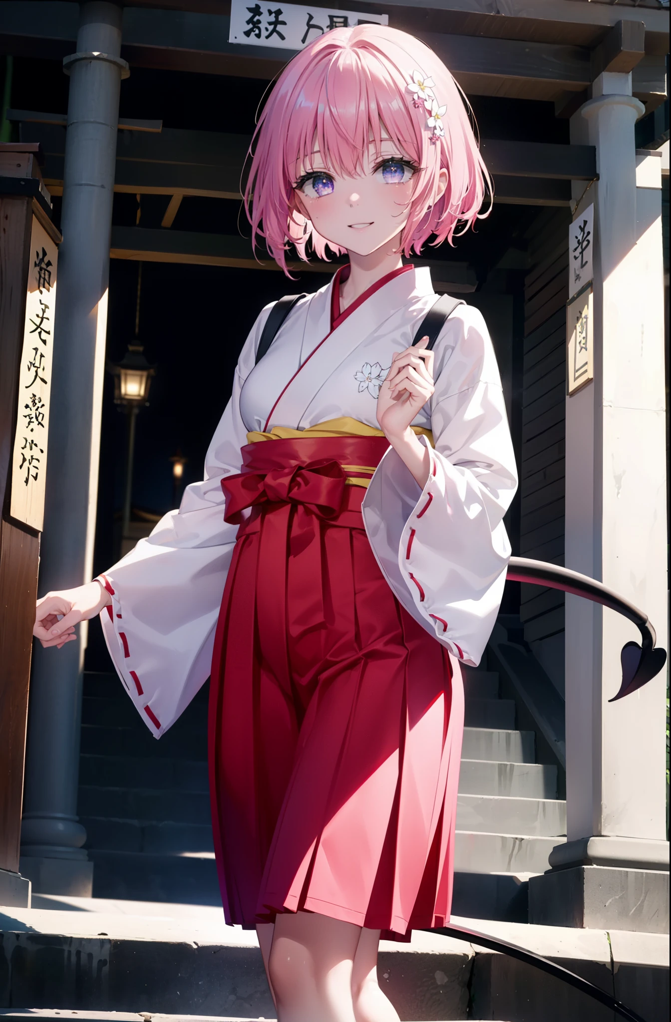 Momodebilke, A type of Deviluke, demon tail, Hair Flowers, hair ornaments, (Purple eyes:1.1), Pink Hair, short hair, tail, smile,happy smile, smile, Open your mouth,
break demon tail, Miko, White kimono, Long red hakama,White tabi,Sandals,kimono, As with the skirt, Wide sleeves, Long sleeve, Daytime,Clear skies,
break outdoors, shrine,torii,
break looking at viewer, (Cowboy Shot:1.5),
break (masterpiece:1.2), highest quality, High resolution, unity 8k wallpaper, (figure:0.8), (beautiful detailed eyes:1.6), extremely detailed face, Perfect lighting, extremely detailed CG, (Perfect hands, Perfect Anatomy),