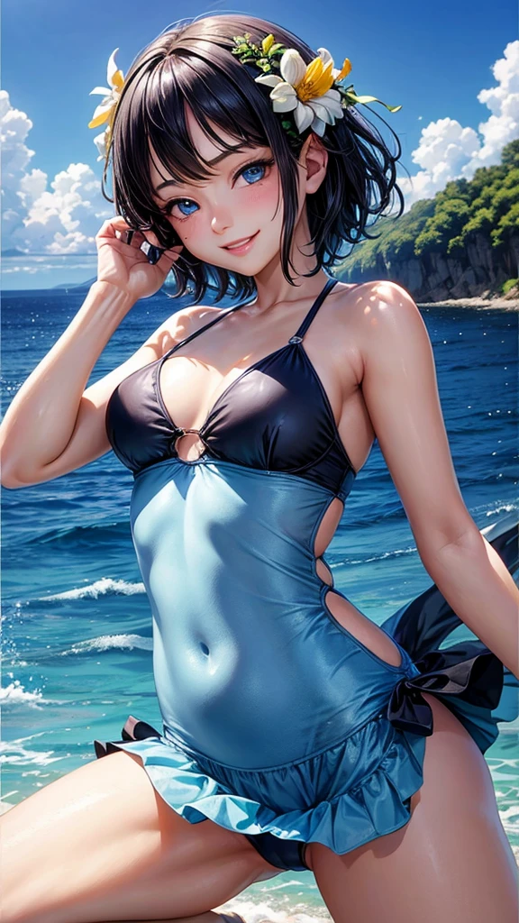 highest quality、Realistic、Women、zoom、summer、Sea of night、cute、Full make-up、Blue Eyes、black hair、Very Short Hair、One piece swimsuit、smile、Looking down、smile、Bust Shot、　Small breasts