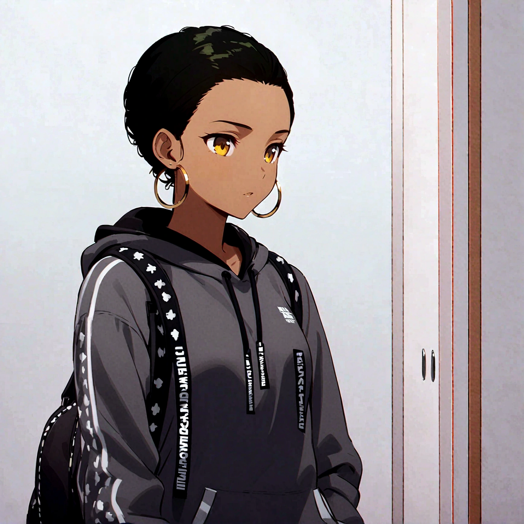 Beautiful. anime girl, short green hair, slightly curly hair, dark skin, yellow eyes, gray sweatshirt, hoop earrings, small breasts, upper body