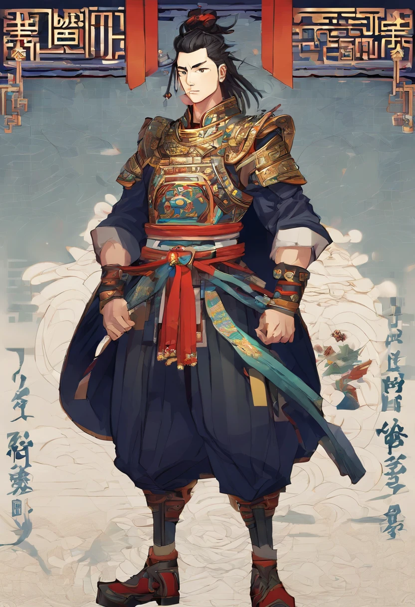 Ancient Chinese man in armor、Clever man、Looking into the camera、His hair is in a bun、Only one topknot、Black Hair、Stand and pose、Pixel art、(masterpiece, highest quality, highest quality), pixel,pixel art,whole body,Characters in Romance of the Three Kingdoms、Transform、Short Deformation、The head is decorated with white embroidery....、Handsome man in trousers