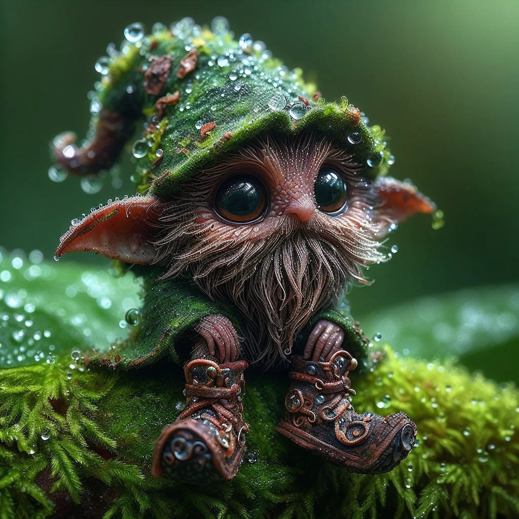 A cute diminutive moss covered dewy male male wizard, wrinkled old looking skin, close up in a dewy rain forest, intricate wizarding costume cragged materials, In a tilt-shift, macro-photographed scene with a shallow depth of field, a tiny, iridescent mystic wizard, intricate gnarled leather wizarding boots, its body a mesmerizing mosaic of microscopic mirrors and gears, perches on the velvety, emerald-green edge of a dew-kissed leaf, surrounded by a constellation of glistening, crystal-like droplets that refract and reflect the soft, golden light filtering through the forest canopy above, amidst a tapestry of intricate, lace-like ferns and moss-covered twigs, with the blurred, bokeh-rich background a warm, earthy blend of umber, sienna, and olive hues.