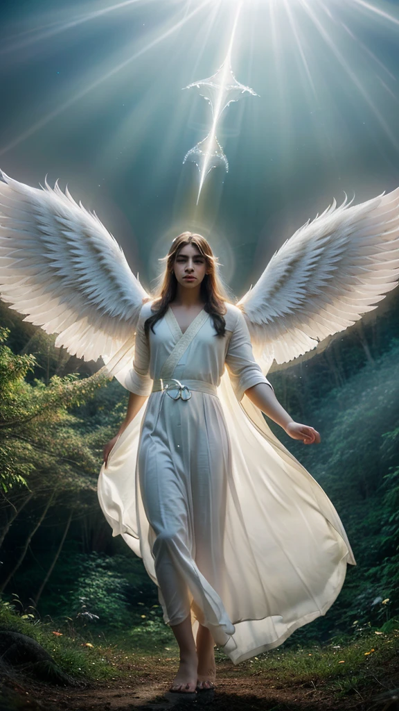 a male angel with celestial features and a pure, serene expression descending from the heavens, enveloped in divine light that radiates and dispels surrounding darkness, with large, majestic white wings that reflect the purity of his essence, dressed in white sanctified robes that contrast with the dense darkness of the forest below, illuminating the scene with his heavenly presence, every detail from the delicate facial features to the radiant shine of the wings conveying a sense of transcendental beauty and serenity