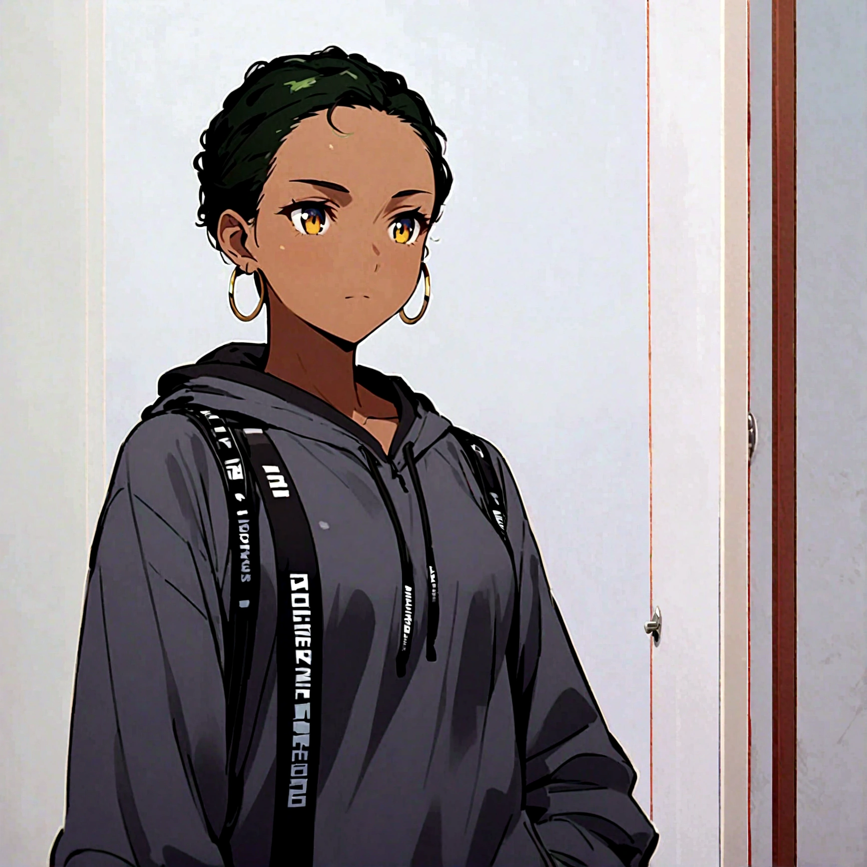 Beautiful. anime girl, short green hair, slightly curly hair, dark skin, yellow eyes, gray sweatshirt, hoop earrings, small breasts, upper body