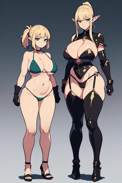 mother and daughter (mother: wide hips, elf pointy ears, full body, standing, revealing armor, curvy, huge breasts, bodysuit, blonde hair, ponytail hairstyle) (daughter: shortstack, small girl, wide hips, elf pointy ears, full body, standing, revealing armor, gloves, black hair, bob cut hairstyle, bikini armor)