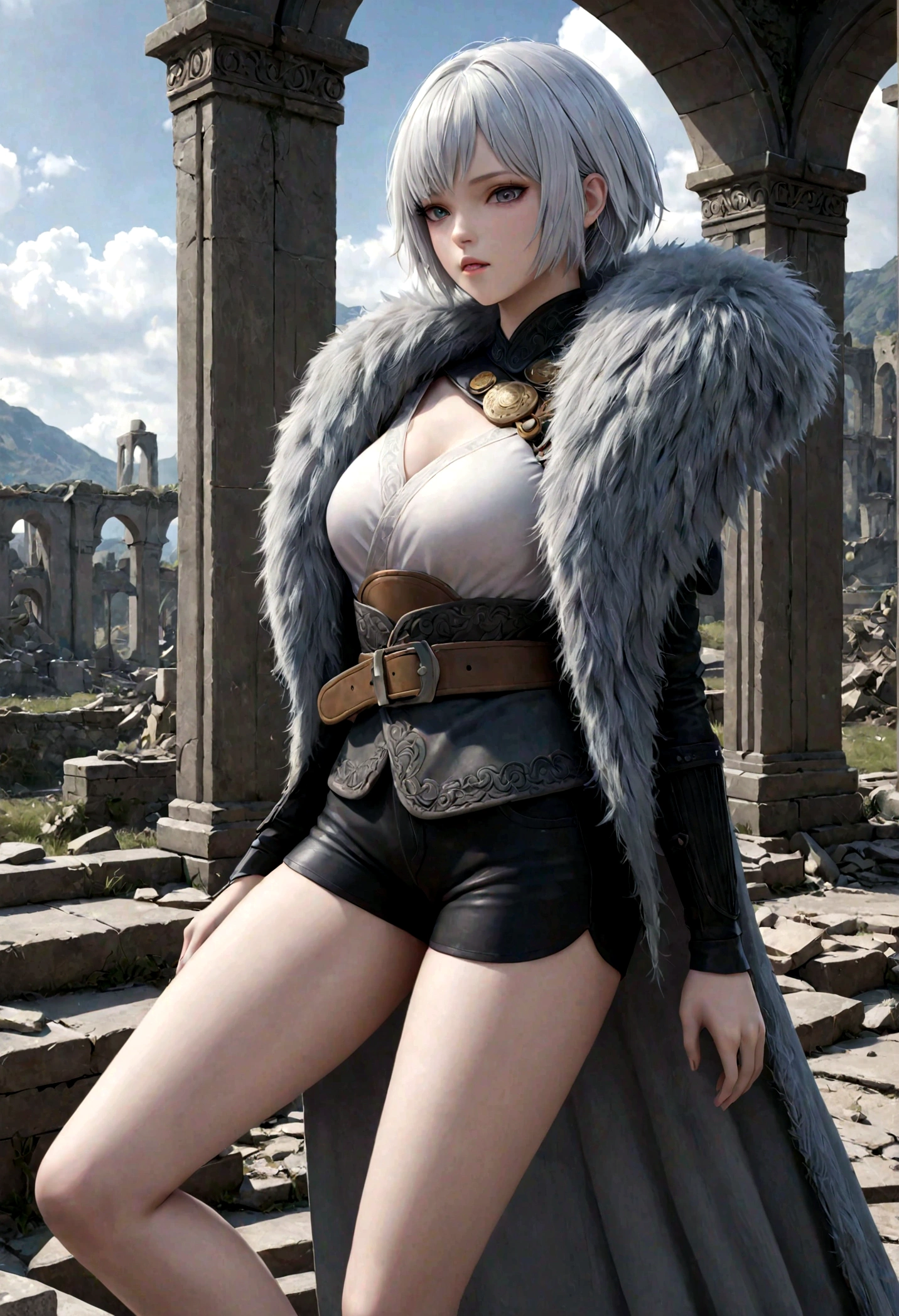 baiyuekui,solo,full body,gray fur cape,single thighhigh,thigh strap,asymmetrical legwear,black shorts,boots,black footwear,belt,high heels,
outdoors,War ruins,
white hair,short hair,
(masterpiece,best quality,ultra_detailed,highres,absurdres:1.2),(photorealistic:1.4),