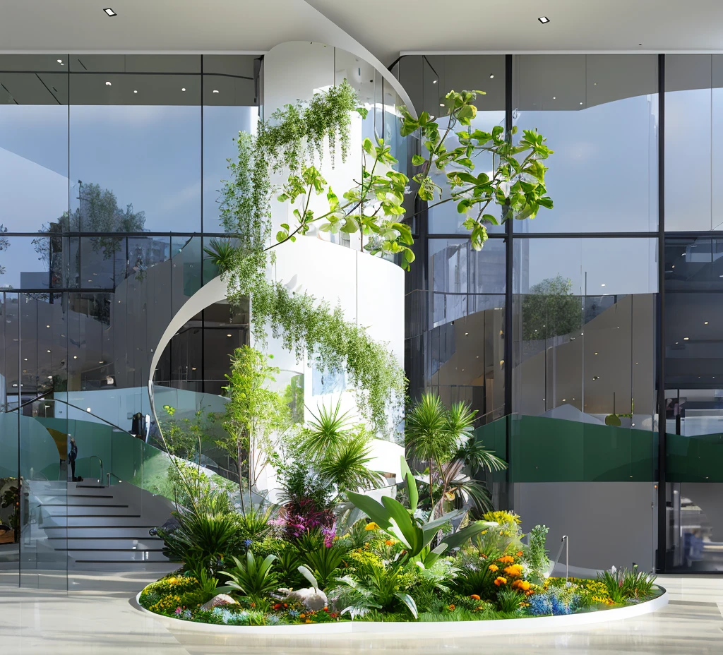 Sof trickle showcase, greenery and flowers in the centre of the office building, modern style design, curved glass walls, white metal profile frames, lush surrounding vegetation and bright daylight outside. This creates a fresh atmosphere. HD quality, high detail, very detailed, fine, architectural shots, surrealism, Unreal Engine 5