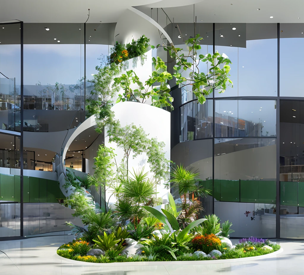 Sof trickle showcase, greenery and flowers in the centre of the office building, modern style design, curved glass walls, white metal profile frames, lush surrounding vegetation and bright daylight outside. This creates a fresh atmosphere. HD quality, high detail, very detailed, fine, architectural shots, surrealism, Unreal Engine 5