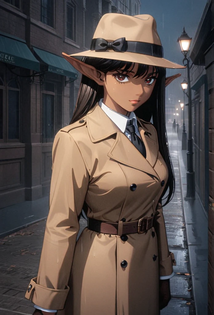 detailed illustration (side view),dynamic angle,ultra-detailed, illustration, pose for the camera, smiling at viewer, clean line art, shading, anime, 2020’s anime style, detailed eyes, detailed face, beautiful face standing on a sidewalk,

Noir Detective, trench coat, fedora hat, radio drama, pulp magazine character, long trench coat, hat, fedora hat, brown coat and matching hat, dark band on hat, 1940’s, ,Noir, beautiful woman, in a open trench coat, night, rain, brown shoulder length hair, brown eyes, hard boiled, female fatale vibes, noir, deep in thought, detective, plup magazine detective, noir vibe

Urban fantasy setting, dark elf, poited ears, elf, dark skin, tan skin,