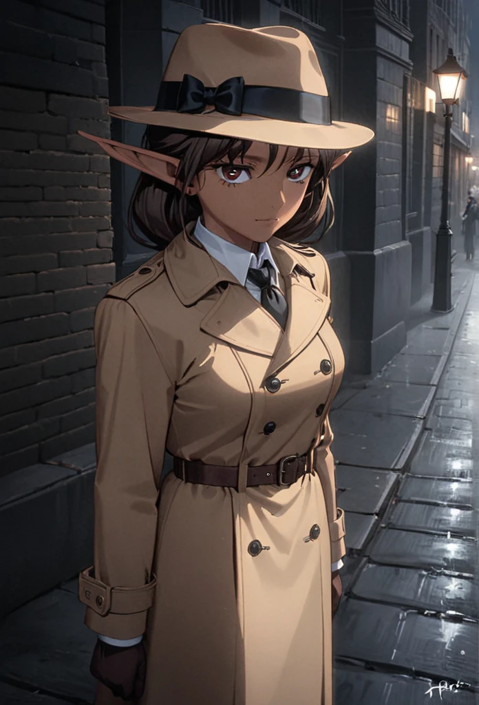 detailed illustration (side view),dynamic angle,ultra-detailed, illustration, pose for the camera, smiling at viewer, clean line art, shading, anime, 2020’s anime style, detailed eyes, detailed face, beautiful face standing on a sidewalk,

Noir Detective, trench coat, fedora hat, radio drama, pulp magazine character, long trench coat, hat, fedora hat, brown coat and matching hat, dark band on hat, 1940’s, ,Noir, beautiful woman, in a open trench coat, night, rain, brown shoulder length hair, brown eyes, hard boiled, female fatale vibes, noir, deep in thought, detective, plup magazine detective, noir vibe

Urban fantasy setting, dark elf, poited ears, elf, dark skin, tan skin,