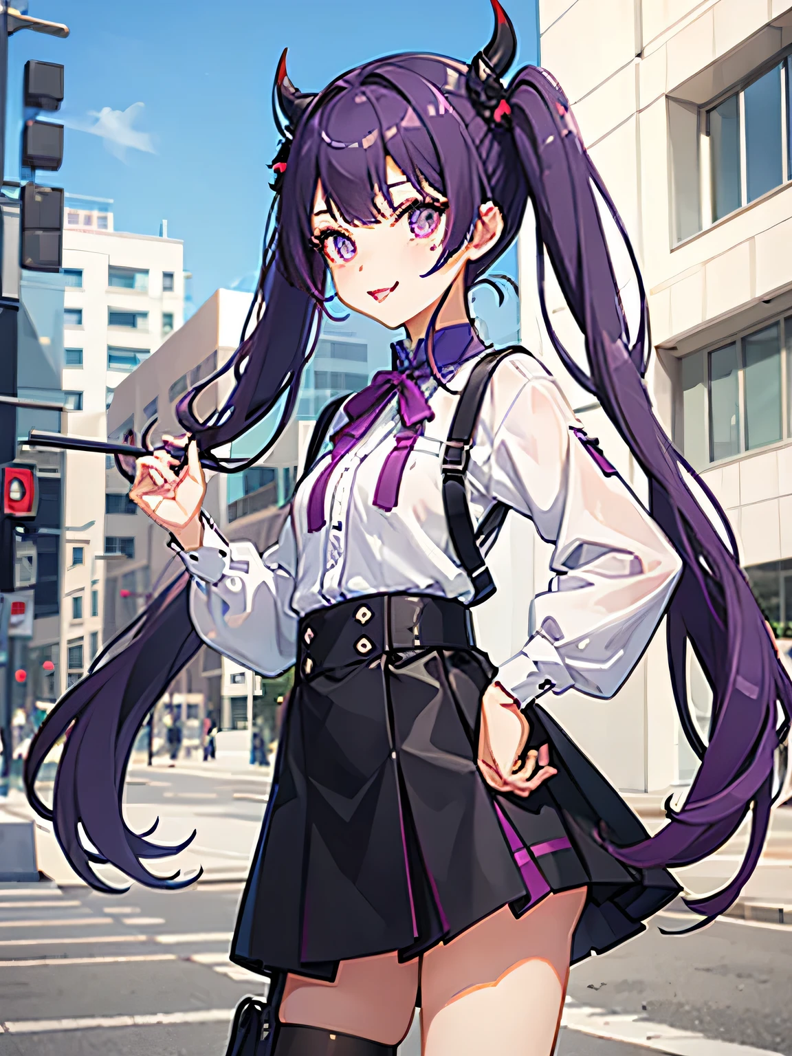 Twin tails with purple hair。Eye color: Red。It has a small black horn on its head。Cute girl sticking out her tongue