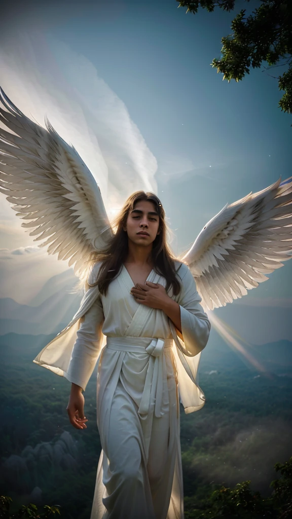 a male angel with celestial features and a pure, serene expression descending from the heavens, enveloped in divine light that radiates and dispels surrounding darkness, with large, majestic white wings that reflect the purity of his essence, dressed in white sanctified robes that contrast with the dense darkness of the forest below, illuminating the scene with his heavenly presence, every detail from the delicate facial features to the radiant shine of the wings conveying a sense of transcendental beauty and serenity