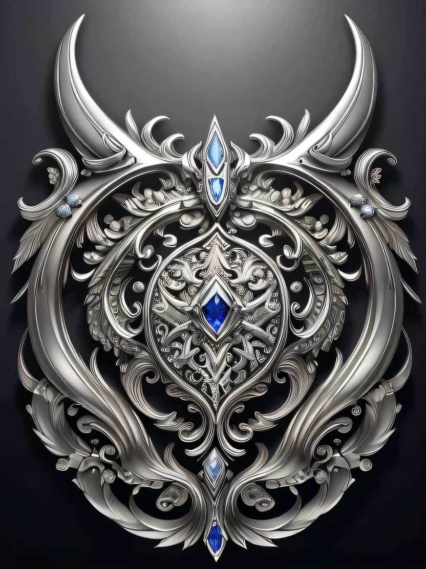 ((masterpiece、highest quality、Very detailed、Photorealistic、High resolution、Sharp focus))、((No humans))、Elaborate coat of arms、Smooth surface、Reflective surface、Silver、(sapphire))、Dynamic Lighting、Scattered beneath the surface