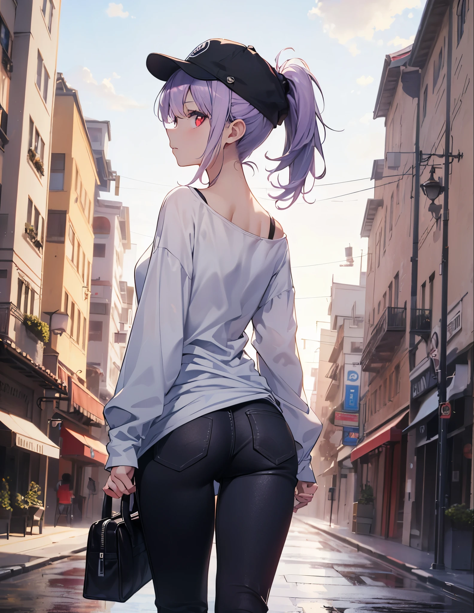 (Close-up:1.3),Realistic,highest quality, Super detailed, High-quality CG rendering, The most delicate and beautiful, Floating softly, High resolution, (1 girl), (highest quality,4K,8k,masterpiece:1.2), Light purple hair,(ponytail:1.5),Red eyes,(White oversized long sleeve T-shirt:1.3),(Black skinny pants:1.3),(Pure white cap:1.3),In the city,old buildings,(whole body:1.3),(Turn your back to your audience:1.3),Ass,Small shoulder bag,Sandals