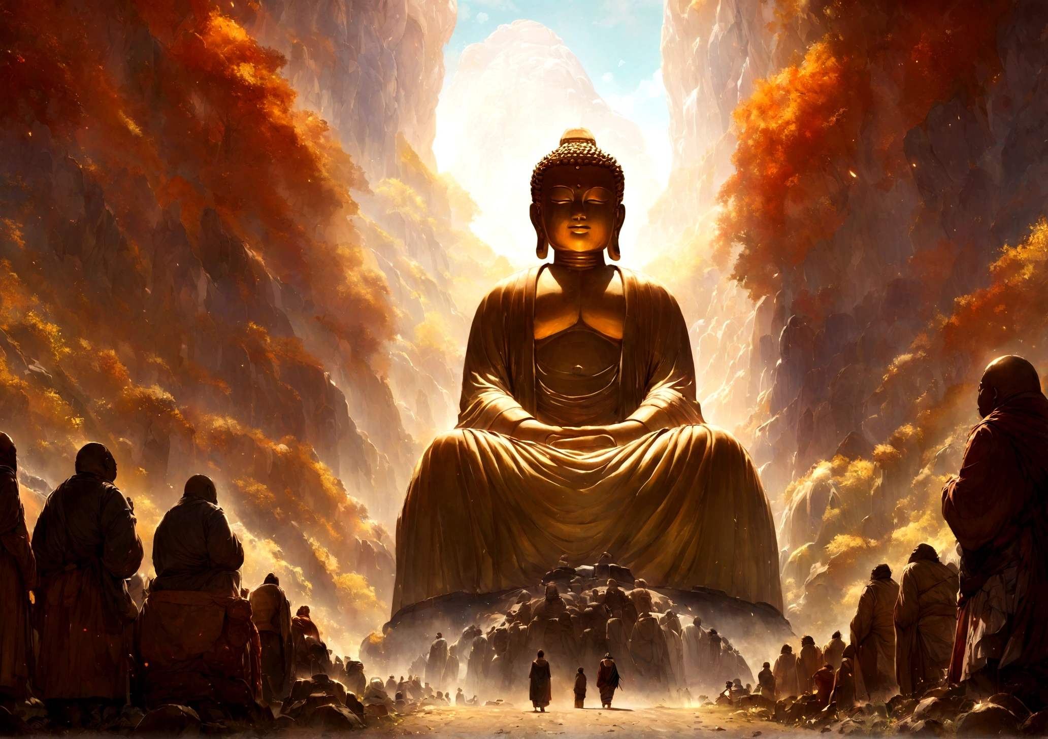 A huge Buddha statue in the distance, Stone, texture, High, majestic, Background lit by sunlight,inverted image,side,Pilgrims on the road