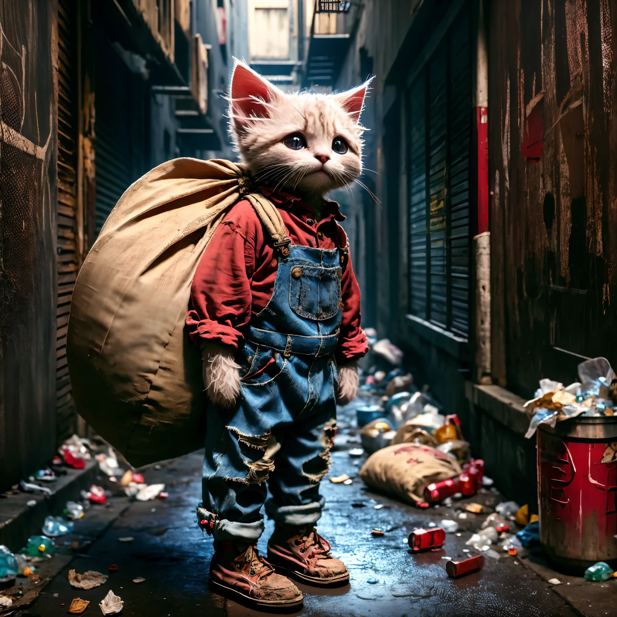 Create a very pitiful anthropomorphic kitten character，Wearing a very worn red linen shirt and denim overalls, Worn-out cloth shoes, Carrying an oversized bag, Higher than oneself. Kitten standing in the city alley, A dark corner of the city，The ground is littered with trash and bottles. This scene retains the original style，But change the background to an urban environment, Reinforce the contrast between the innocence of the characters and the harshness of their urban surroundings, Highlighting the poor conditions of neglected cities.