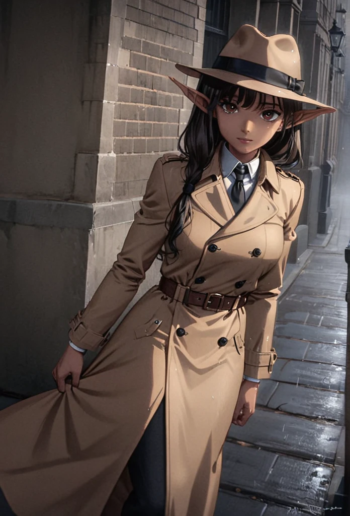 detailed illustration (side view),dynamic angle,ultra-detailed, illustration, pose for the camera, smiling at viewer, clean line art, shading, anime, 2020’s anime style, detailed eyes, detailed face, beautiful face standing on a sidewalk,

Noir Detective, trench coat, fedora hat, radio drama, pulp magazine character, long trench coat, hat, fedora hat, brown coat and matching hat, dark band on hat, 1940’s, ,Noir, beautiful woman, in a open trench coat, night, rain, brown shoulder length hair, brown eyes, hard boiled, female fatale vibes, noir, deep in thought, detective, plup magazine detective, noir vibe

Urban fantasy setting, dark elf, poited ears, elf, dark skin, tan skin,