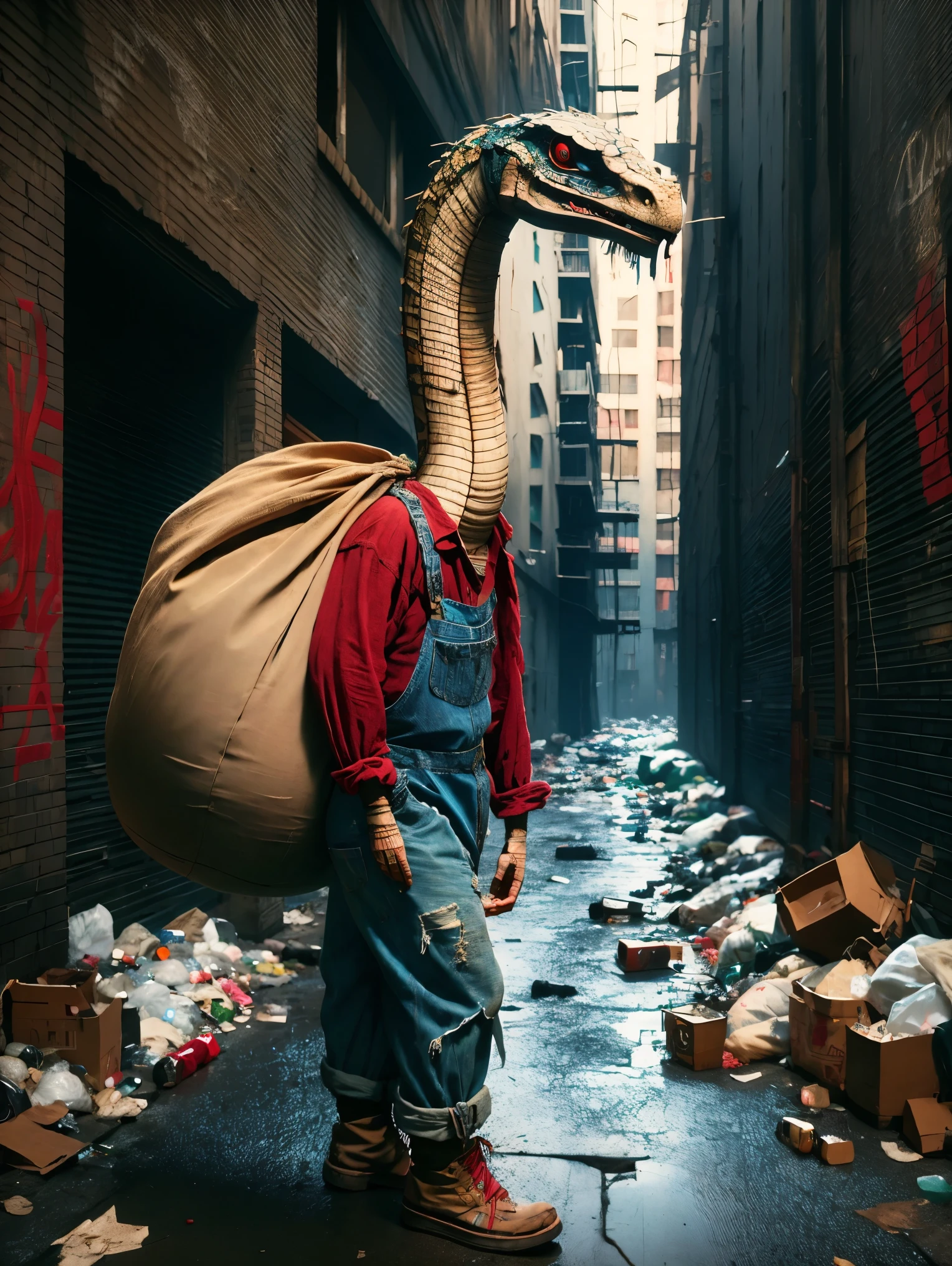 Create an image of a very pitiful anthropomorphic serpent wearing extremely tattered red linen shirt and denim overalls, even more worn-out cloth shoes, carrying an oversized sack on its back, taller than itself. The serpent stands in an urban alleyway, a dark corner of the city where the ground is covered with garbage and bottles. This scene maintains the original style but changes the background to an urban setting, intensifying the contrast between the innocence of the character and the severity of its urban environment, emphasizing the dire conditions amid urban neglect.