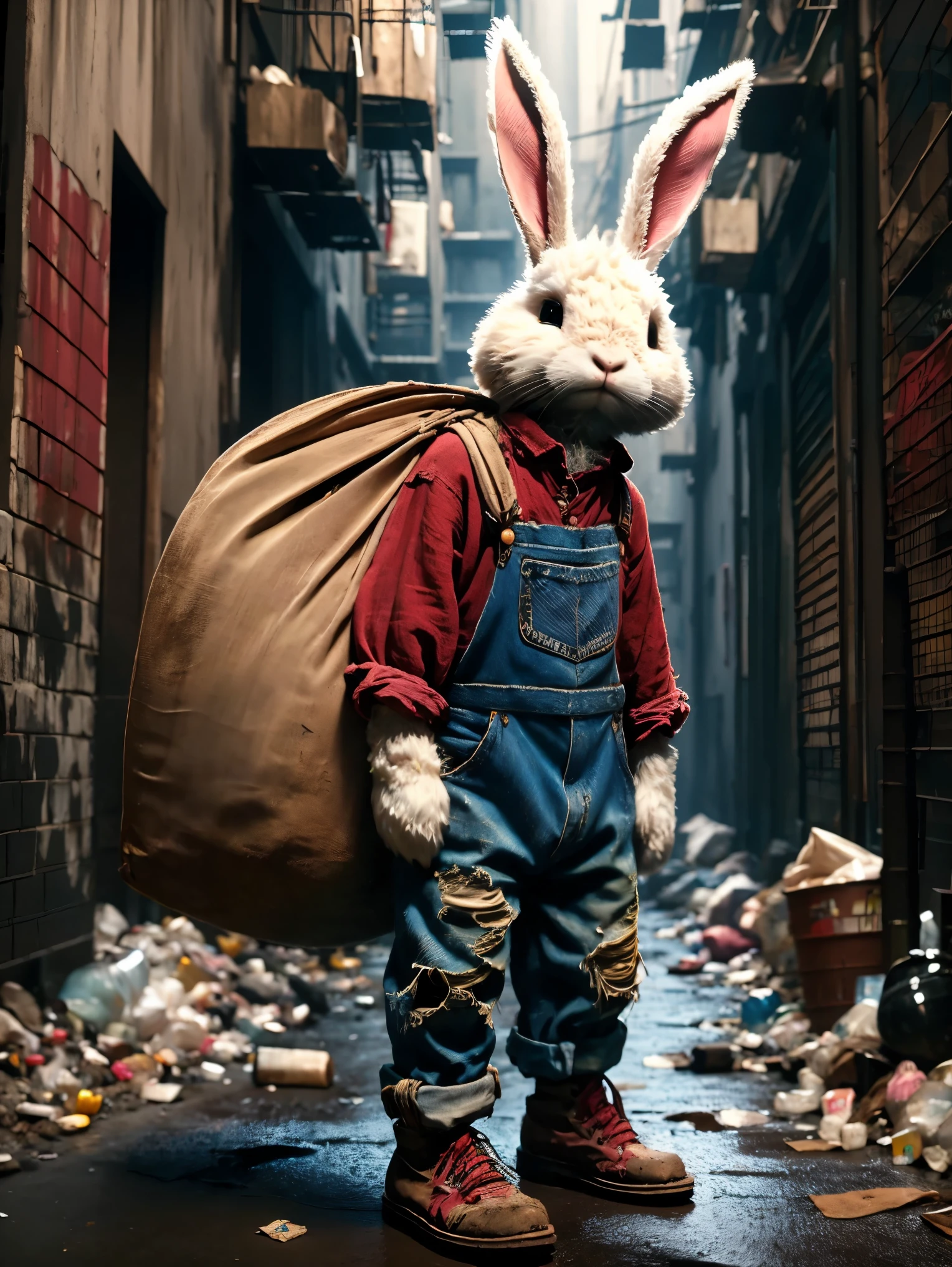 (personification:1.3)，(rabbit)，Wearing a tattered red linen shirt and denim overalls，Tattered cloth shoes，Carrying a big bag on his back that is taller than himself，rabbit站在城市的一条小巷里，This is a dark corner of the city.，The ground is full of garbage and bottles，Original painting style，But change the background to a city scene，Strengthens the contrast between the innocence of the characters and the harshness of the urban environment，Highlights the dire conditions in urban wasteland