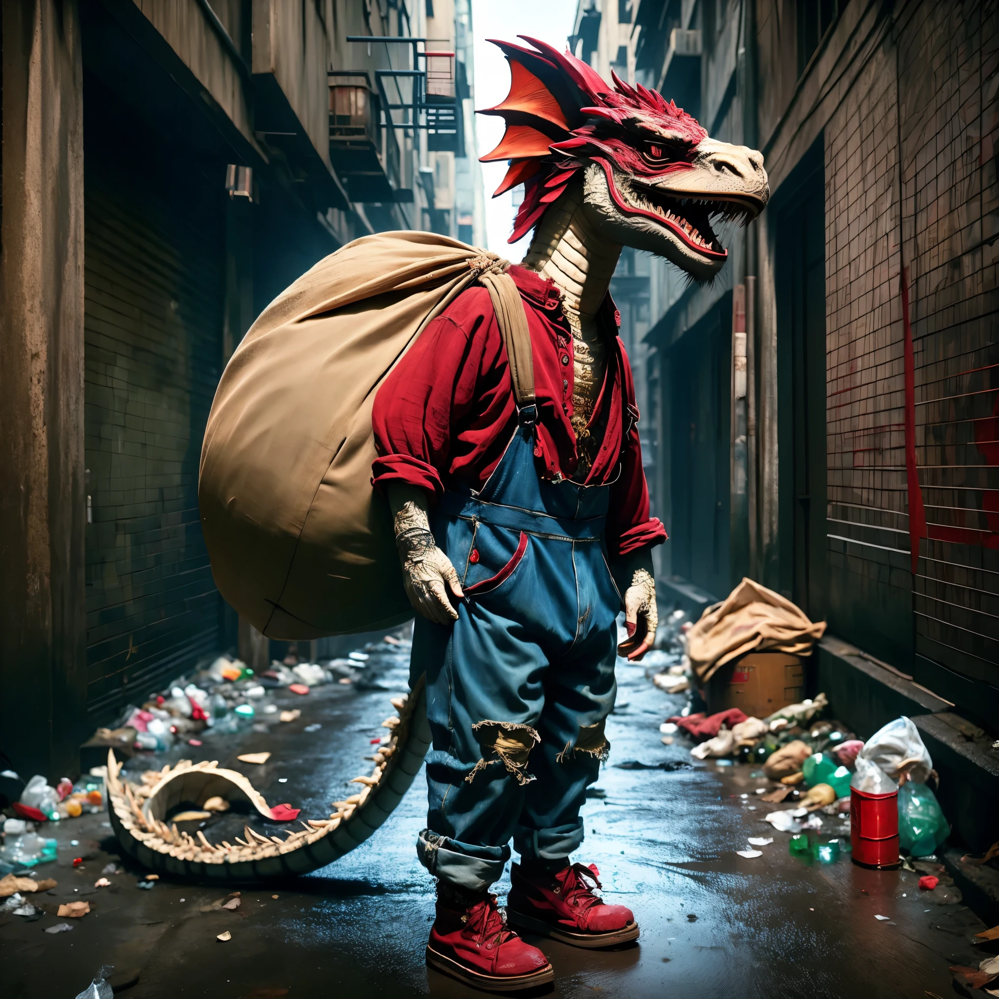 A very pathetic anthropomorphic Chinese dragon, Wearing a very worn red linen shirt and denim overalls, Worn-out cloth shoes, Carrying an oversized bag, Higher than oneself, Chinese dragon standing in the city alley, A dark corner of the city，The ground is littered with trash and bottles, This scene retains the original style, But change the background to an urban environment, Reinforce the contrast between the innocence of the characters and the harshness of their urban surroundings, Highlighting the poor conditions of neglected cities