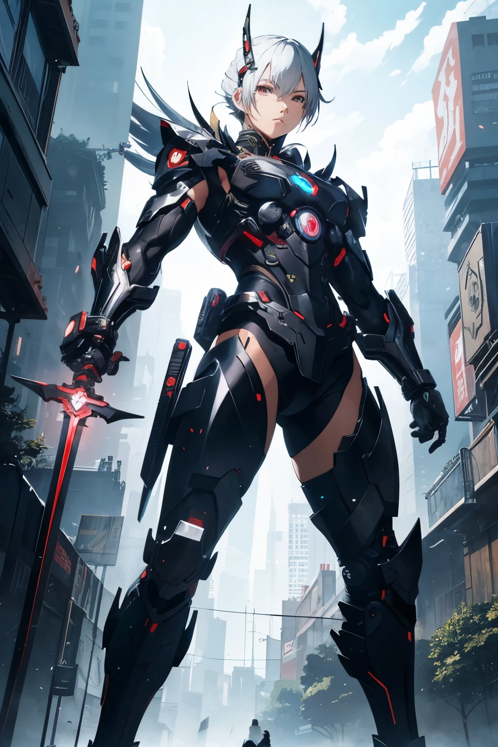 A captivating anime illustration showcases a cybernetic warrior, skillfully poised in a traditional samurai stance, gripping the edge of his high-tech sword with both hands. The image is vibrant and glossy, bursting with a comic-book quality that adds to the overall allure. The warrior's sleek, metallic armor shines radiantly, giving off a slight hum as energy pulses through the intricate design. With an anime style that exudes both power and grace, this masterpiece is sure to be a standout in the world of cyberpunk art.

（（A cyborg warrior in a samurai stance, holding a futuristic sword）