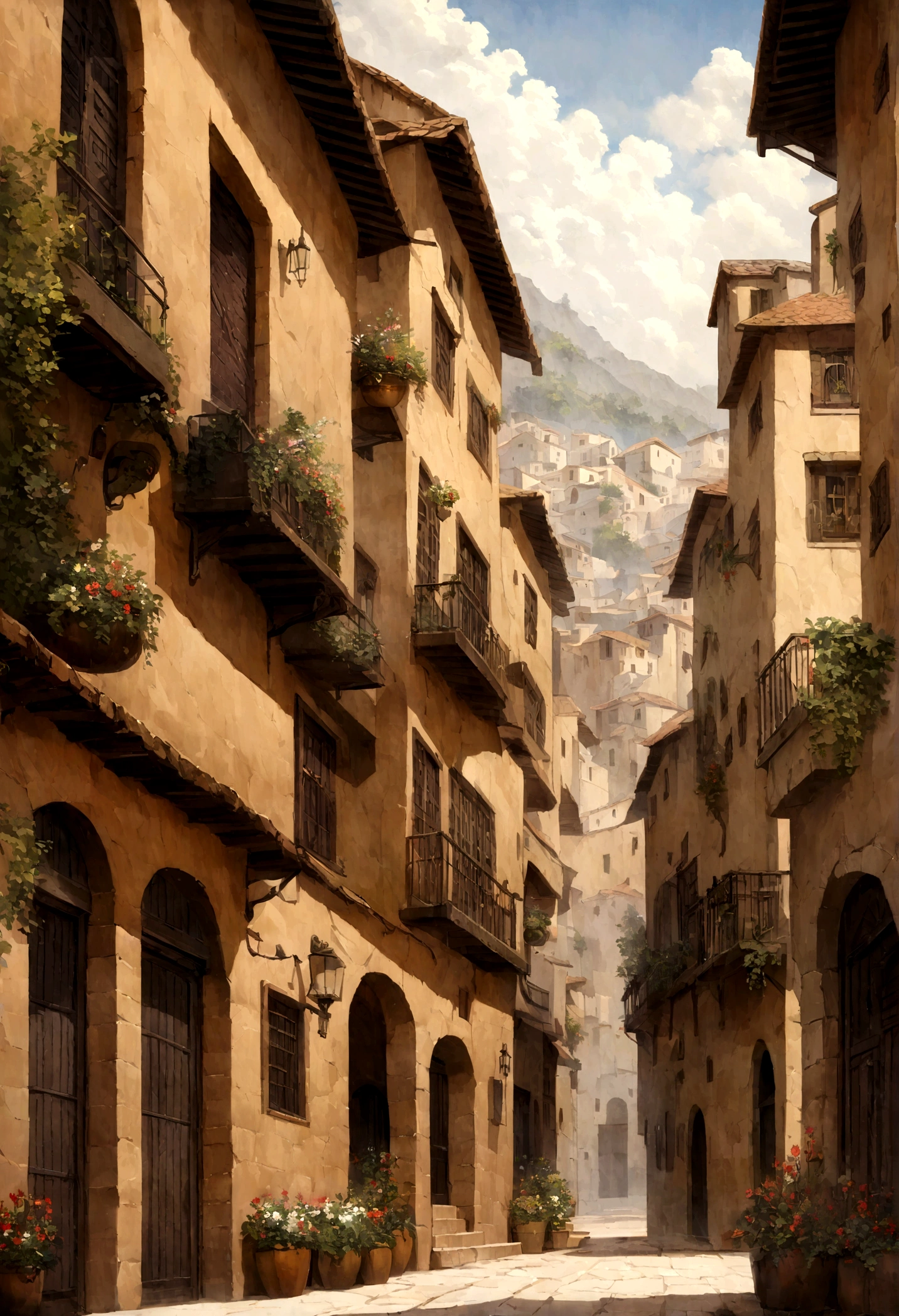 paisaje hurbano callejones edificios oil painting
