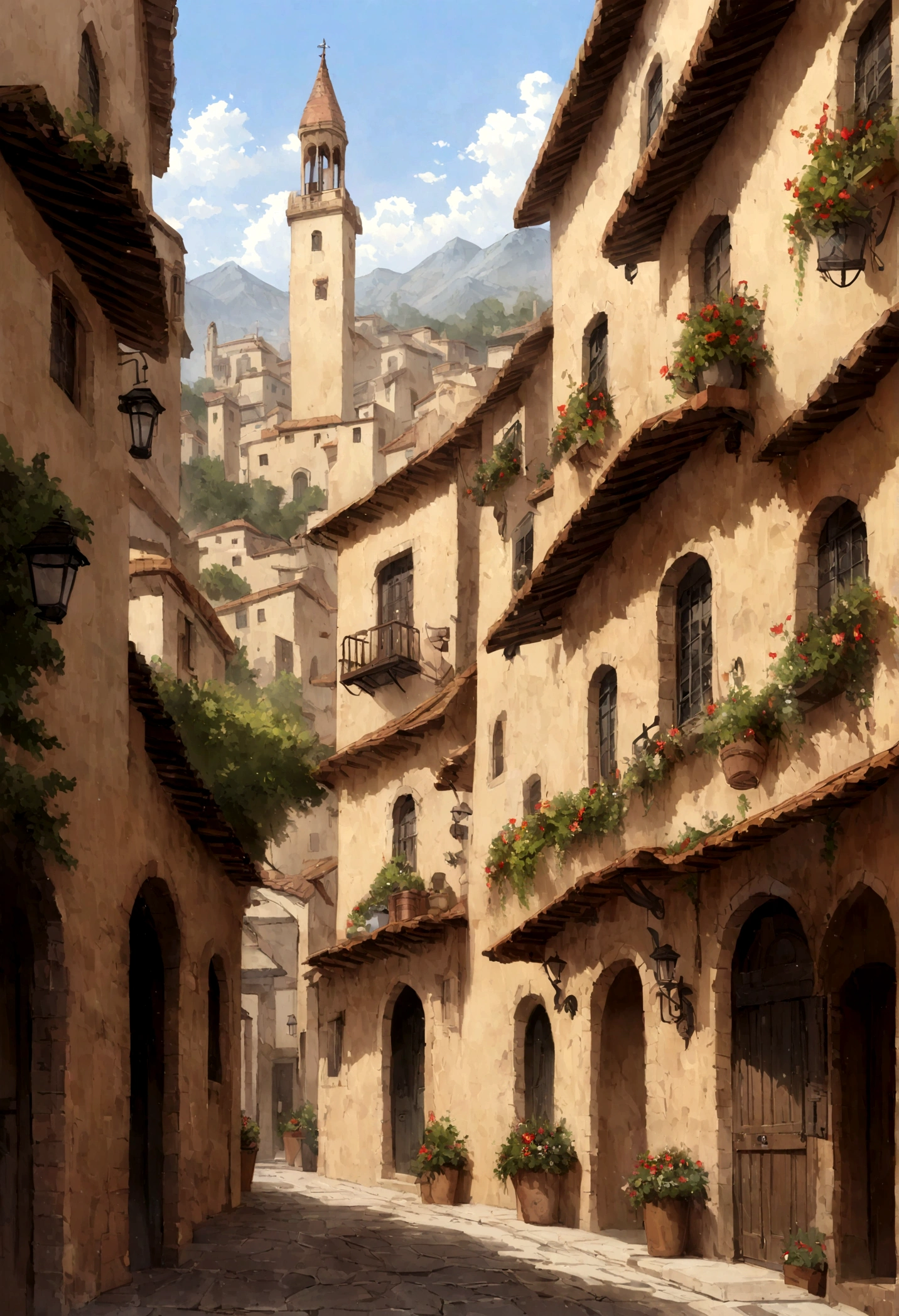 paisaje hurbano callejones edificios oil painting
