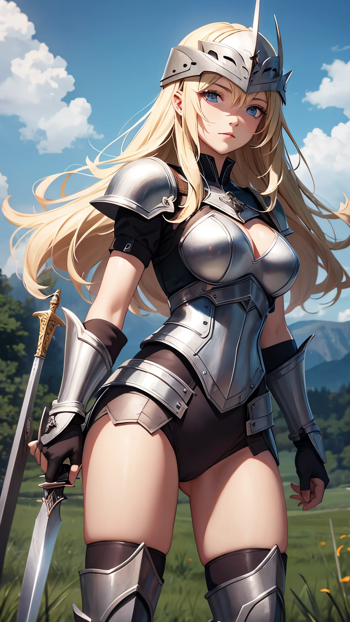 ((highest quality)), ((masterpiece)), ((hyperrealistic)), (detailed background), solo, 1girl, ((curvy: 1.2)), kawaii, female knight with a spear, ((armored dress: 1.3)), langrisser, blonde braided long hair, Ahoge, (paladin armor), ((Tight-fitting leotard bodysuit)), ((large breasts)), ((arm guard gauntlet)), (metal harness breastplate), belt waist armor, ((zettai ryouiki knee socks boots)), (big butt), (cleavage cutout), (Groin), (thighs), perfect cloak, beautiful aqua eyes, droopy eyes, perfect face, Perfect hands, perfect fingers, Blue sky and grassland, posing,