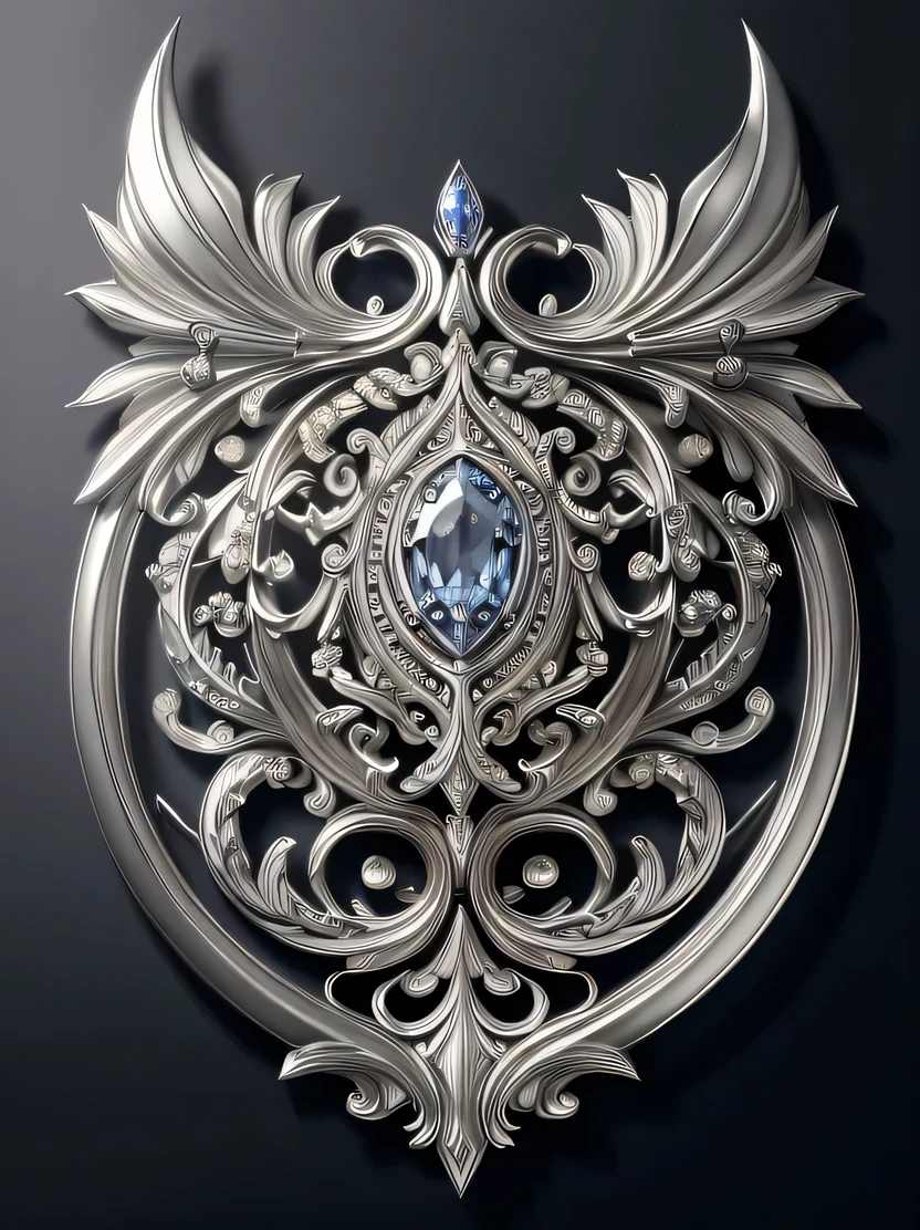 ((masterpiece、highest quality、Very detailed、Photorealistic、High resolution、Sharp focus))、((No humans))、Elaborate coat of arms、Smooth surface、Reflective surface、Silver、(sapphire))、Dynamic Lighting、Scattered beneath the surface