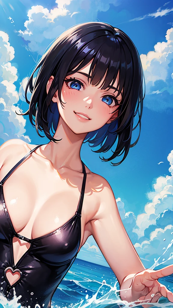 highest quality、Realistic、Women、zoom、summer、Sea of night、cute、Full make-up、Blue Eyes、black hair、Very Short Hair、One piece swimsuit、smile、Looking down、smile、Bust Shot、　Small breasts