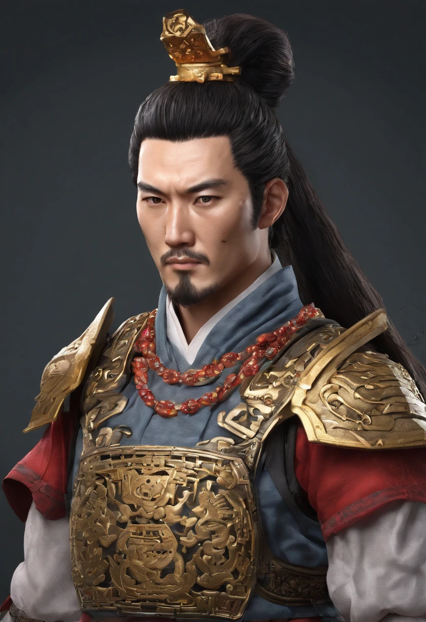 Ancient Chinese man in armor、Clever man、Looking into the camera、His hair is in a bun、Only one topknot、Black Hair、Stand and pose、Pixel art、(masterpiece, highest quality, highest quality), pixel,pixel art,whole body,Characters in Romance of the Three Kingdoms、Transform、Short Deformation、The head is decorated with white embroidery....、Handsome man in trousers